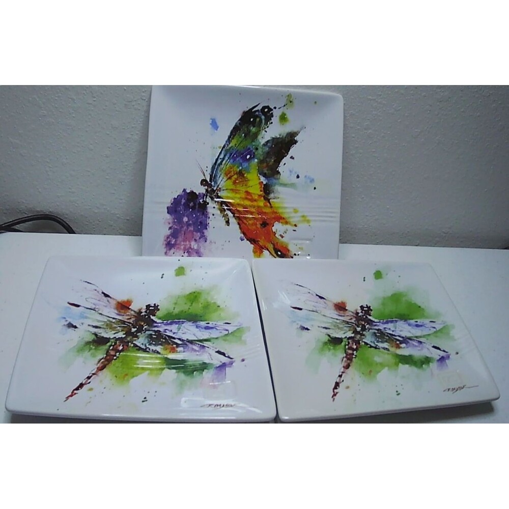 Dean Crouser Dragonfly Art Plates Set 3 Big Sky Carvers Square Plate